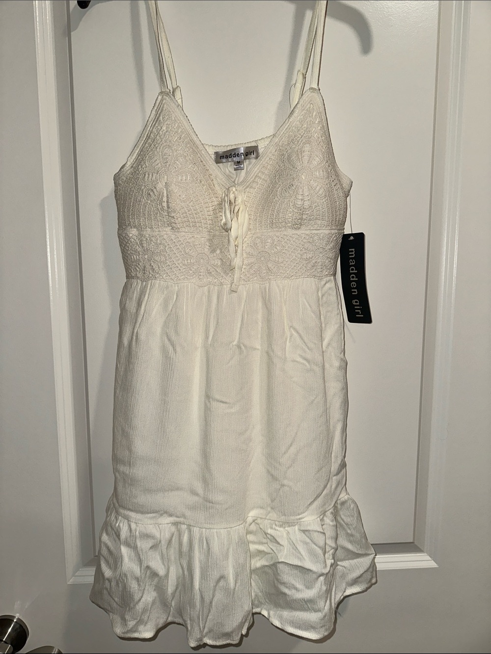Madden Girl Cream Lace-Trim Tie-Front Chemise